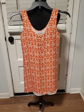 Annie Griffin Orange and White Geometric Sleeveless Silk Dress